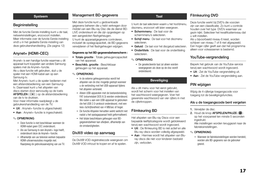 Samsung BD-E5300/XN Begininstelling, Anynet+ HDMI-CEC, Management BD-gegevens, DivX video op aanvraag, Filmkeuring BD 