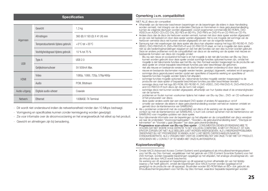 Samsung BD-E5300/XE, BD-E5300/TK, BD-E5300/XN manual Specificaties, Opmerking i.v.m. compatibiliteit, Kopieerbeveiliging 