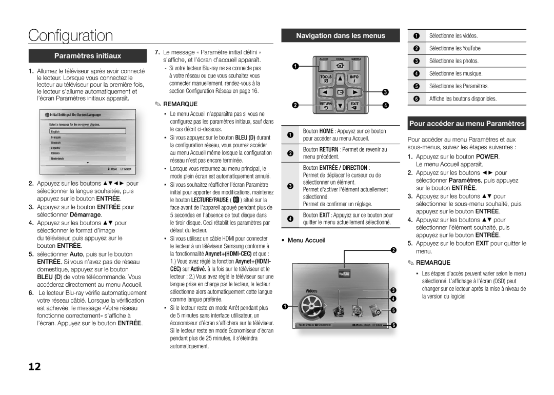 Samsung BD-E5300/EN manual Configuration, Navigation dans les menus, Paramètres initiaux, Pour accéder au menu Paramètres 