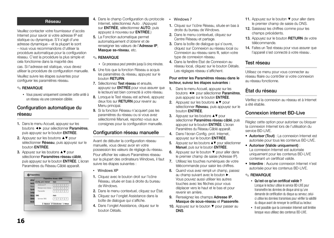 Samsung BD-E5300/XN manual Configuration automatique du réseau, Configuration réseau manuelle, Test réseau, État du réseau 