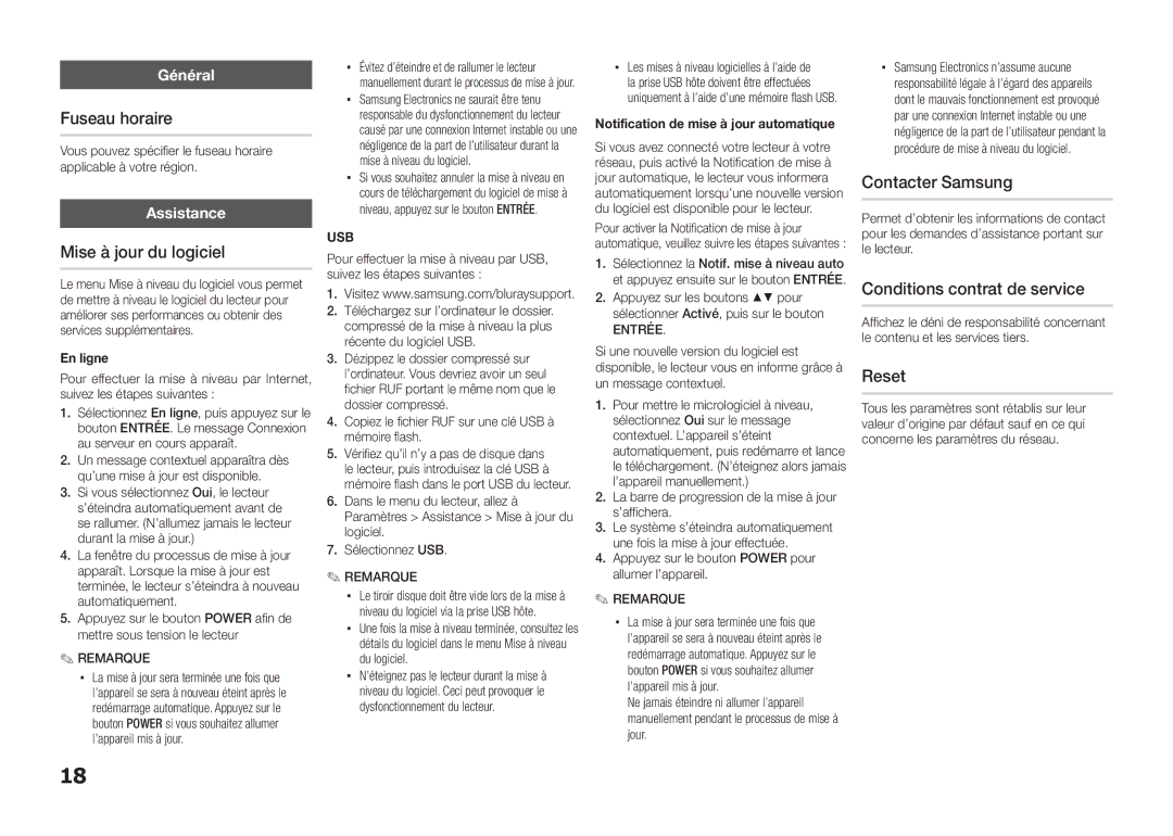 Samsung BD-E5300/ZF manual Fuseau horaire, Mise à jour du logiciel, Contacter Samsung, Conditions contrat de service, Reset 