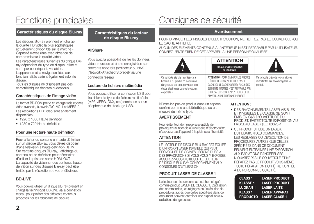 Samsung BD-E5300/EN manual Fonctions principales Consignes de sécurité, Caractéristiques du lecteur De disque Blu-ray 