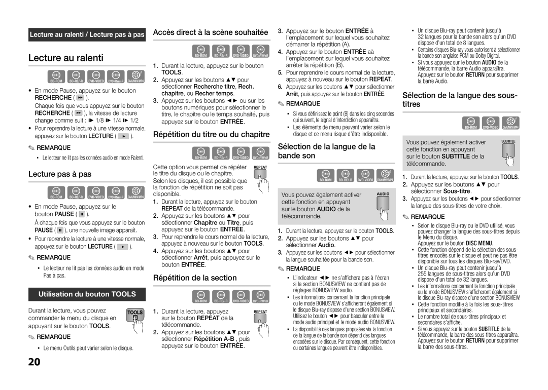 Samsung BD-E5300/TK, BD-E5300/XN Lecture pas à pas, Accès direct à la scène souhaitée, Répétition du titre ou du chapitre 