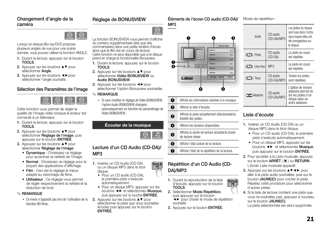 Samsung BD-E5300/XN, BD-E5300/TK Changement d’angle de la caméra, Réglage de Bonusview, Lecture d’un CD Audio CD-DA/ MP3 