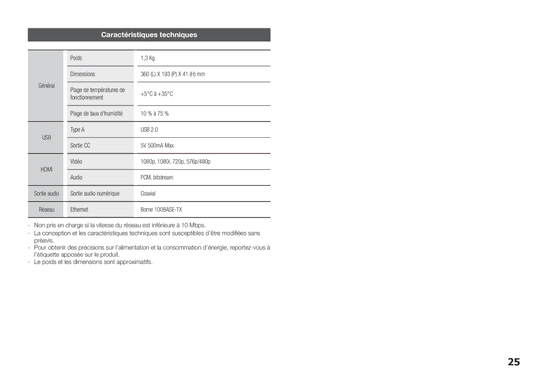 Samsung BD-E5300/TK, BD-E5300/XN, BD-E5300/EN, BD-E5300/ZF, BD-E5300/XE manual Caractéristiques techniques 