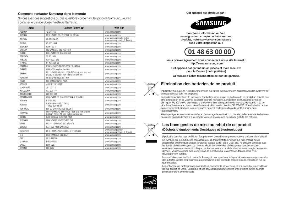 Samsung BD-E5300/ZF, BD-E5300/TK, BD-E5300/XN, BD-E5300/EN, BD-E5300/XE manual Elimination des batteries de ce produit 