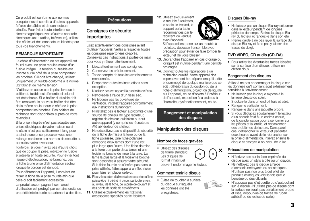 Samsung BD-E5300/ZF manual Consignes de sécurité importantes, Manipulation des disques, Remarque Importante, Précautions 