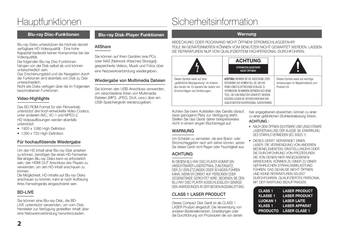 Samsung BD-E5300/TK, BD-E5300/XN, BD-E5300/EN Hauptfunktionen, Sicherheitsinformation, Blu-ray Disc-Funktionen, Warnung 