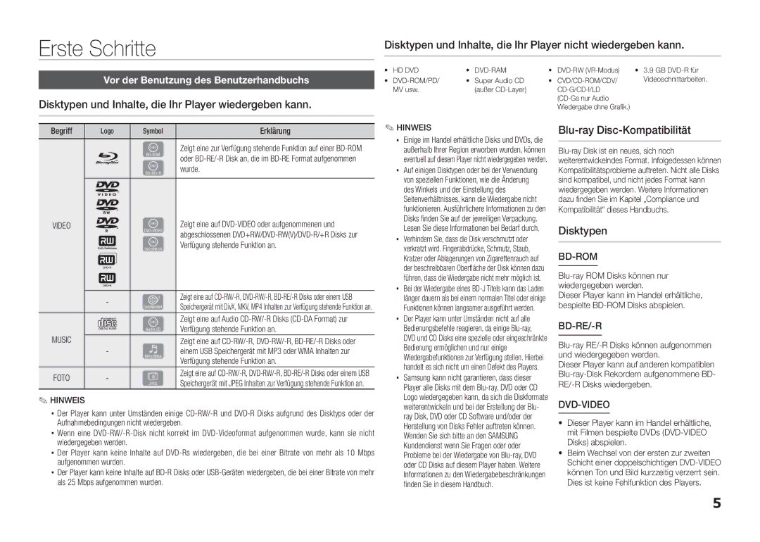 Samsung BD-E5300/ZF manual Erste Schritte, Blu-ray Disc-Kompatibilität, Disktypen, Vor der Benutzung des Benutzerhandbuchs 