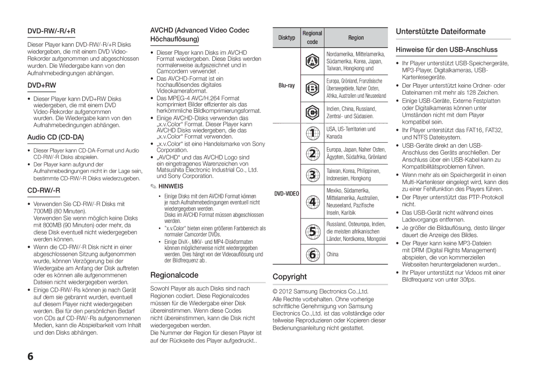 Samsung BD-E5300/XE Regionalcode, Copyright Unterstützte Dateiformate, Audio CD CD-DA, Hinweise für den USB-Anschluss 