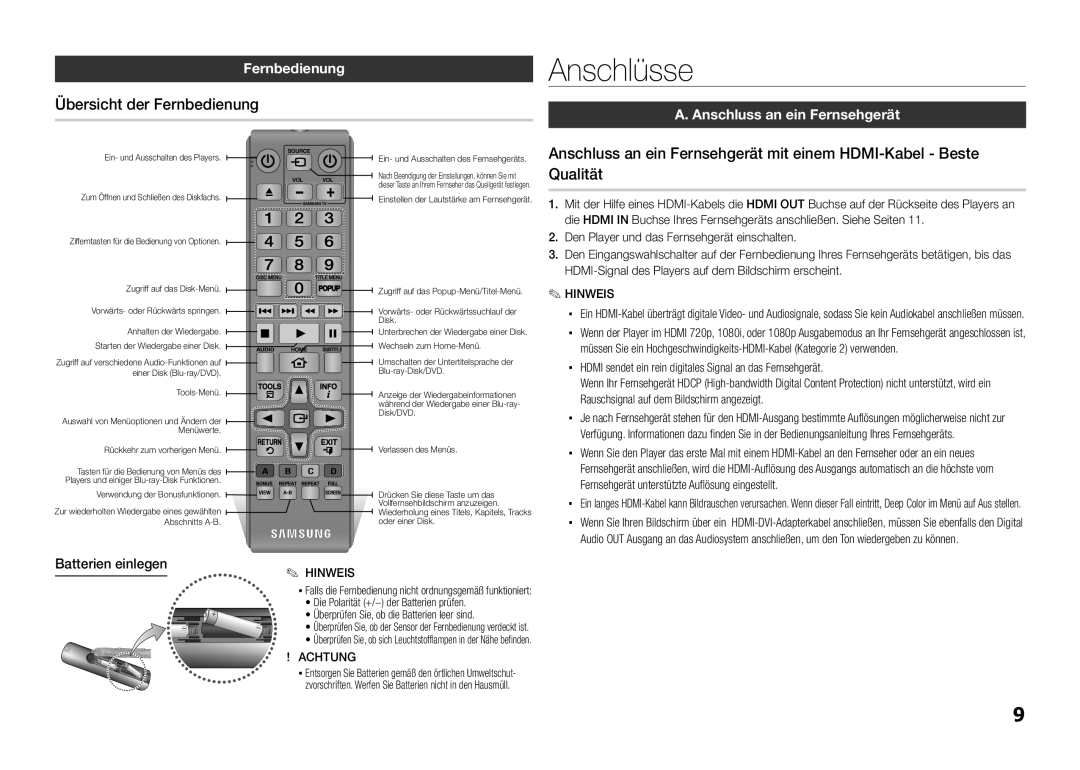 Samsung BD-E5300/EN manual Anschlüsse, Übersicht der Fernbedienung, Anschluss an ein Fernsehgerät, Batterien einlegen 