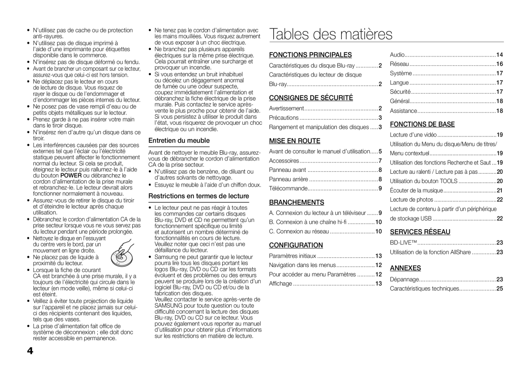 Samsung BD-E5300/XE, BD-E5300/TK, BD-E5300/XN, BD-E5300/EN, BD-E5300/ZF manual Tables des matières 