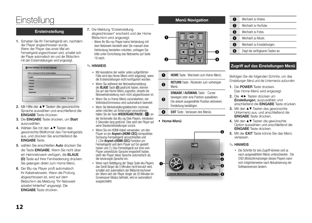 Samsung BD-E5300/TK, BD-E5300/XN, BD-E5300/EN manual Menü Navigation, Ersteinstellung, Zugriff auf das Einstellungen Menü 