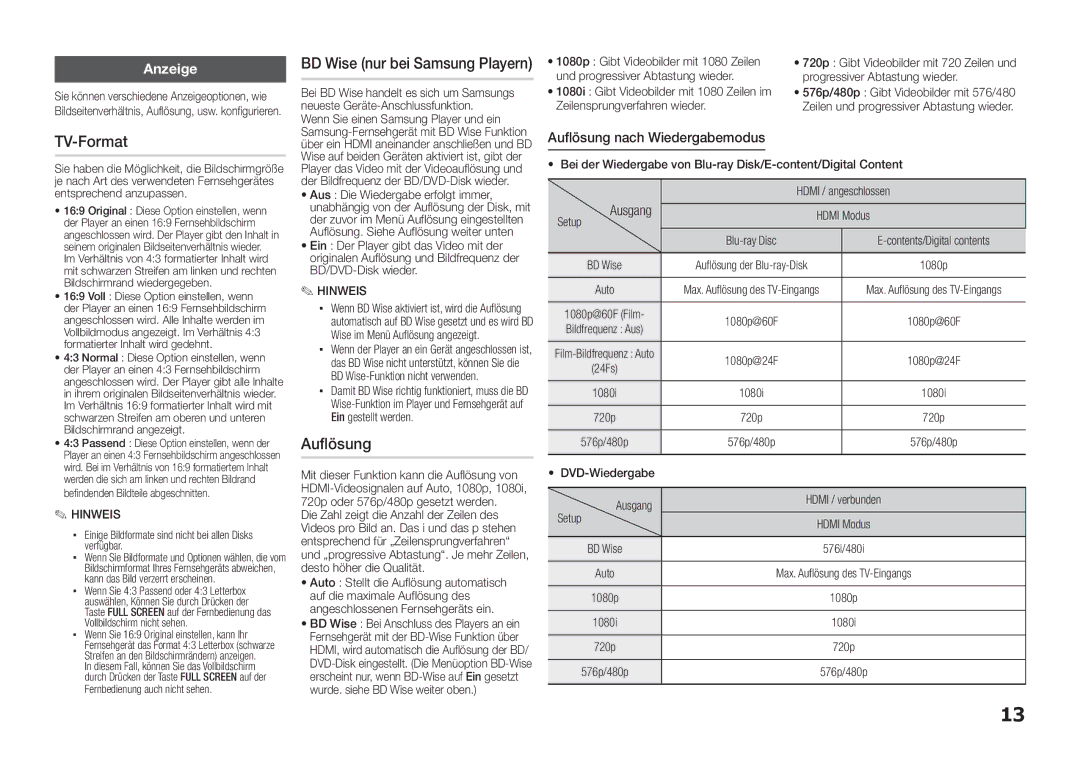 Samsung BD-E5300/XN, BD-E5300/TK, BD-E5300/EN, BD-E5300/ZF, BD-E5300/XE manual TV-Format, Auflösung, Anzeige 