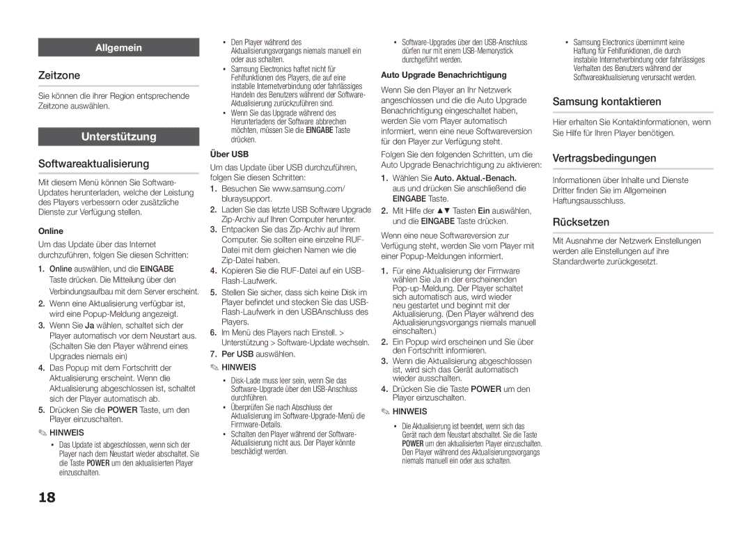 Samsung BD-E5300/XN, BD-E5300/TK Zeitzone, Softwareaktualisierung, Samsung kontaktieren, Vertragsbedingungen, Rücksetzen 