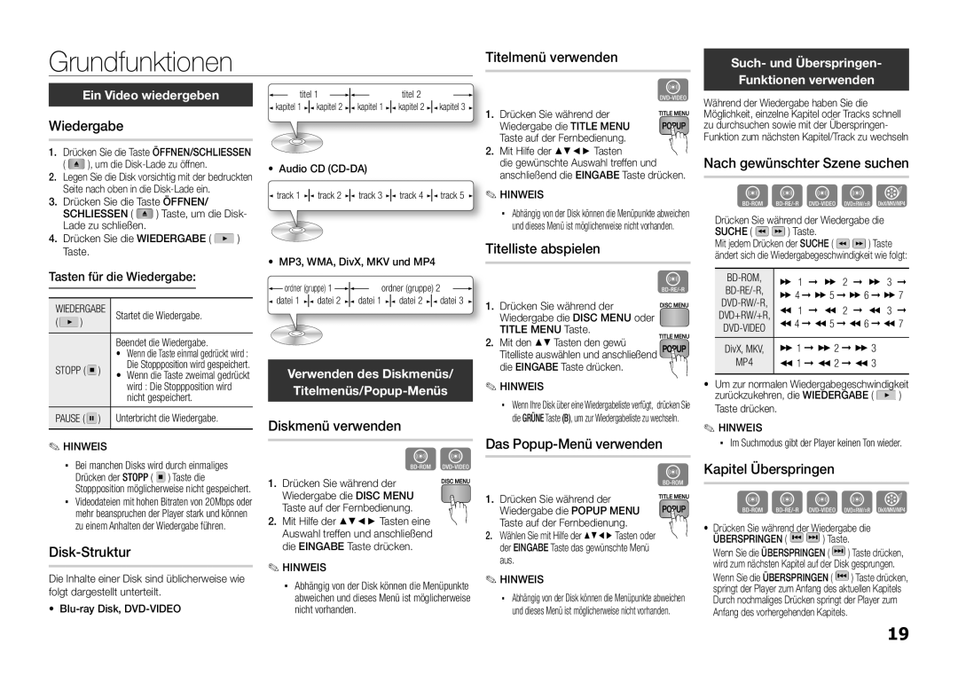 Samsung BD-E5300/EN, BD-E5300/TK, BD-E5300/XN, BD-E5300/ZF, BD-E5300/XE manual Grundfunktionen 