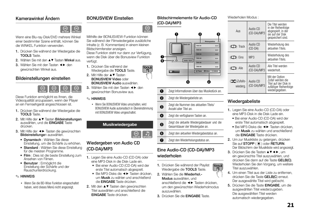 Samsung BD-E5300/XE, BD-E5300/TK Kamerawinkel Ändern, Bildeinstellungen einstellen, Bonusview Einstellen, Wiedergabeliste 