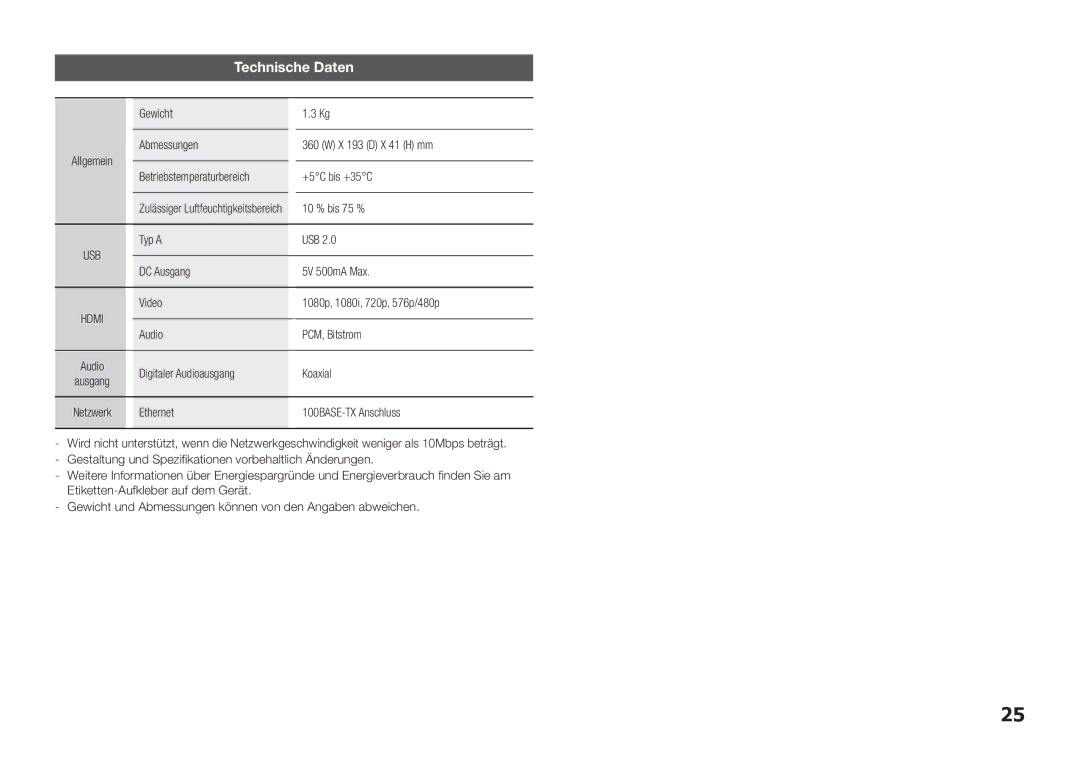 Samsung BD-E5300/ZF, BD-E5300/TK, BD-E5300/XN, BD-E5300/EN, BD-E5300/XE manual Technische Daten 