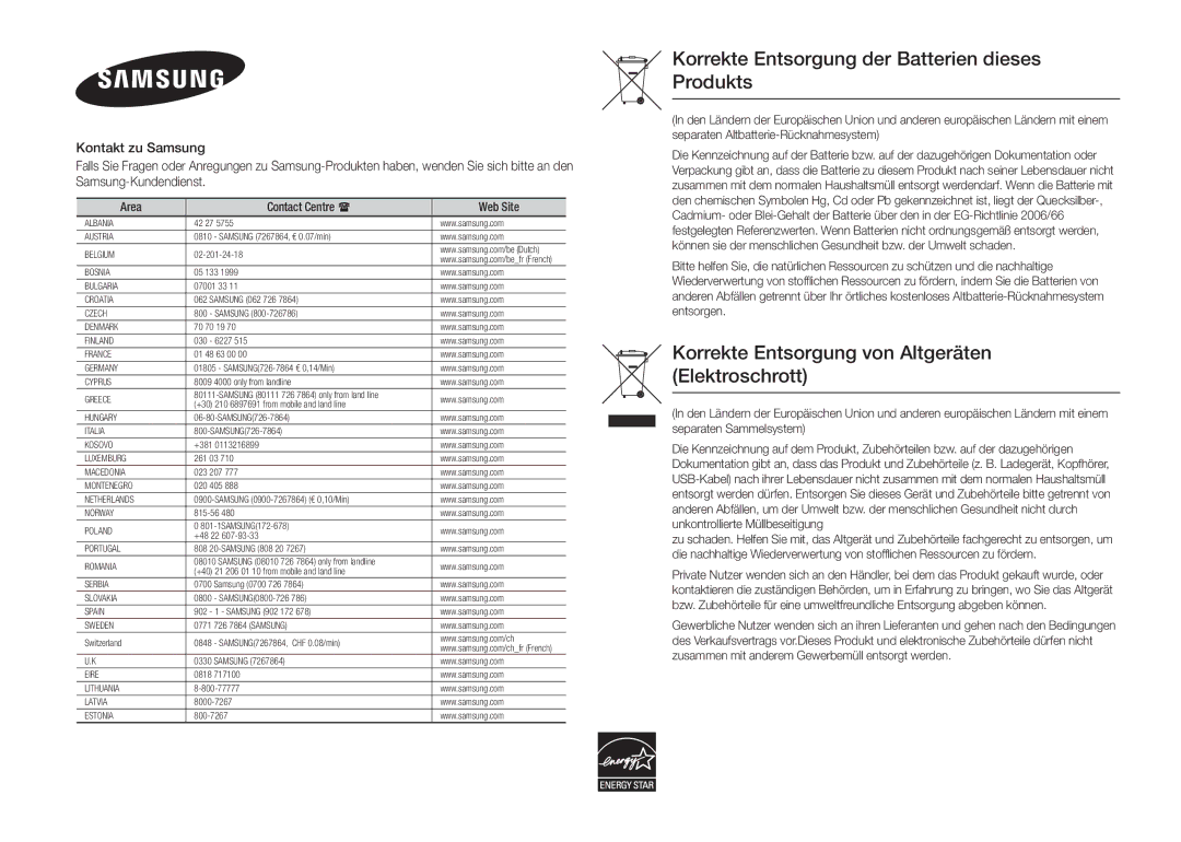 Samsung BD-E5300/XN, BD-E5300/TK, BD-E5300/EN, BD-E5300/ZF, BD-E5300/XE Korrekte Entsorgung der Batterien dieses Produkts 