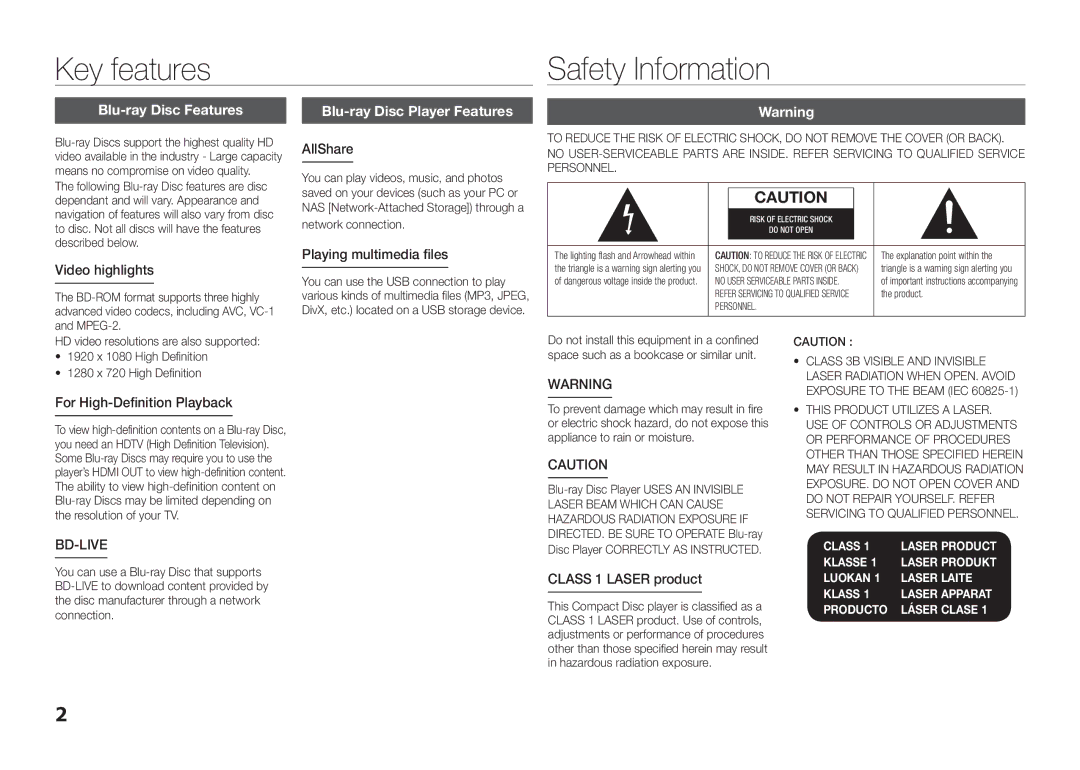 Samsung BD-E5300/ZF, BD-E5300/TK, BD-E5300/XN, BD-E5300/EN manual Key features, Safety Information, Blu-ray Disc Features 