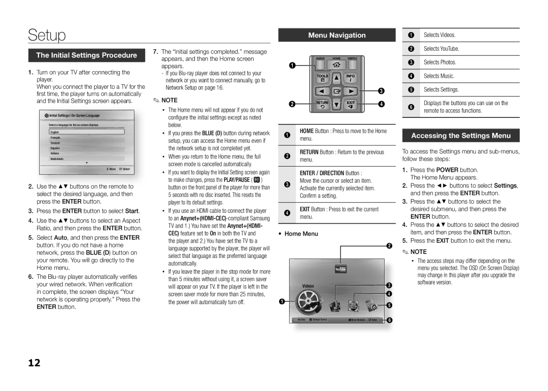 Samsung BD-E5300/ZF, BD-E5300/TK manual Setup, Menu Navigation, Initial Settings Procedure, Accessing the Settings Menu 