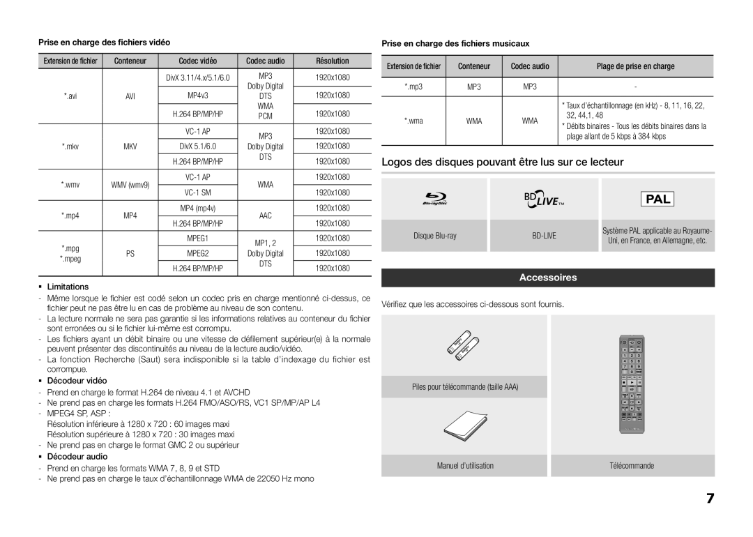 Samsung BD-E5300/EN, BD-E5300/TK manual Logos des disques pouvant être lus sur ce lecteur, Accessoires, Avi, Mkv, Bd-Live 