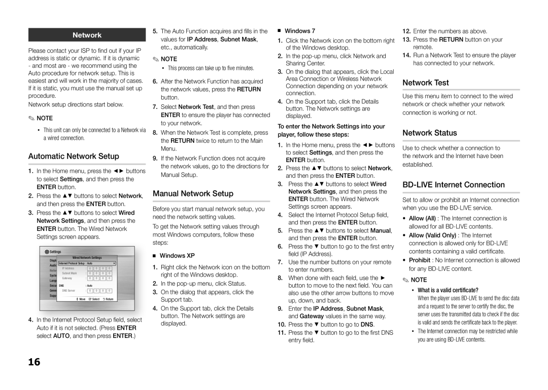 Samsung BD-E5300/EN, BD-E5300/TK, BD-E5300/XN Automatic Network Setup, Manual Network Setup, Network Test, Network Status 