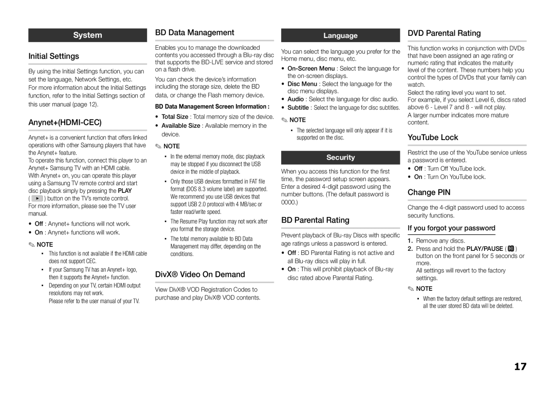 Samsung BD-E5300/ZF manual Initial Settings, BD Data Management, BD Parental Rating, DVD Parental Rating, YouTube Lock 