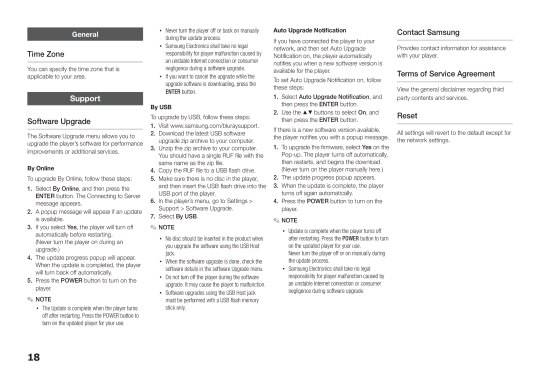 Samsung BD-E5300/XE, BD-E5300/TK manual Time Zone, Software Upgrade, Contact Samsung, Terms of Service Agreement, General 