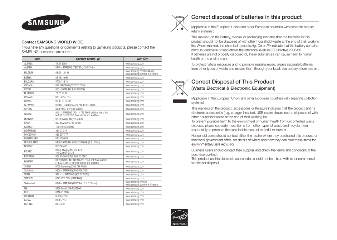 Samsung BD-E5300/XE, BD-E5300/TK Correct disposal of batteries in this product, Waste Electrical & Electronic Equipment 