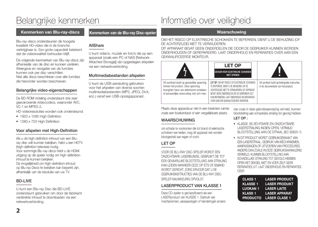 Samsung BD-E5300/XN manual Belangrijke kenmerken Informatie over veiligheid, Kenmerken van Blu-ray-discs, Waarschuwing 