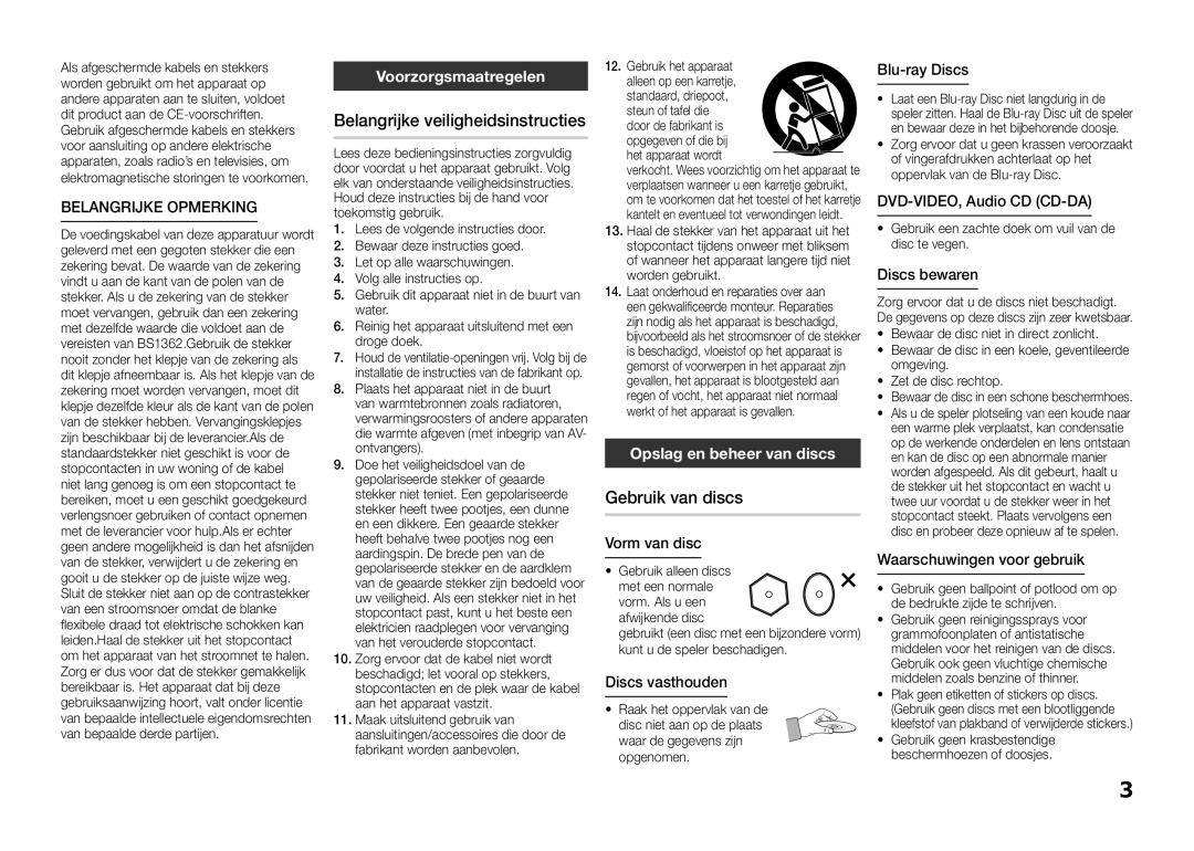 Samsung BD-E5300/EN Belangrijke veiligheidsinstructies, Gebruik van discs, Belangrijke Opmerking, Voorzorgsmaatregelen 