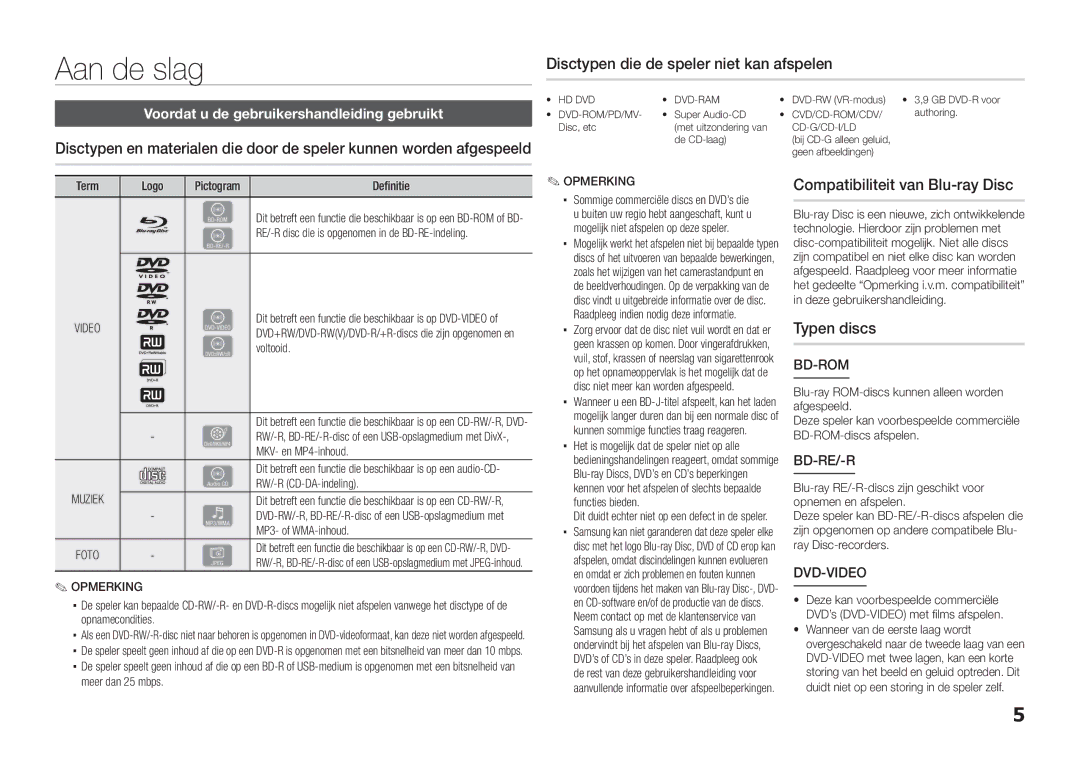 Samsung BD-E5300/XE Aan de slag, Disctypen die de speler niet kan afspelen, Compatibiliteit van Blu-ray Disc, Typen discs 