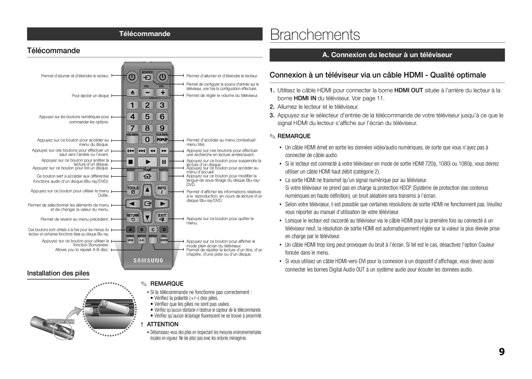 Samsung BD-E5300/XE, BD-E5300/TK Branchements, Télécommande, Connexion du lecteur à un téléviseur, Installation des piles 