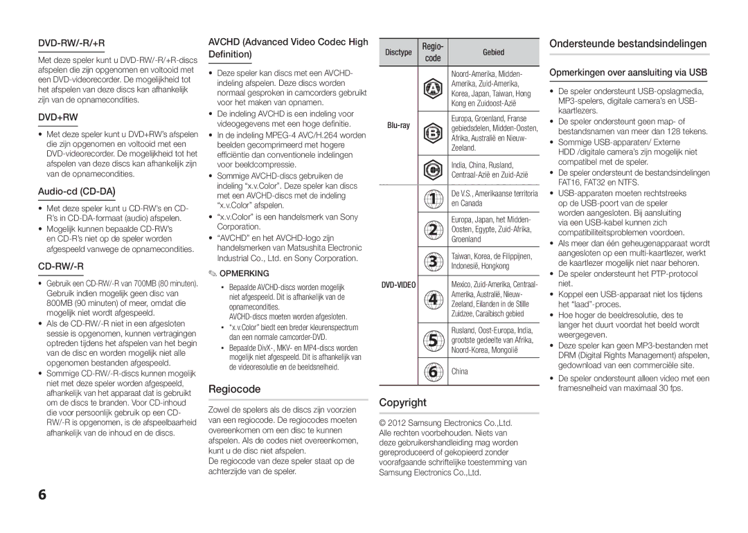 Samsung BD-E5300/TK, BD-E5300/XN, BD-E5300/EN manual Regiocode, Copyright Ondersteunde bestandsindelingen, Audio-cd CD-DA 