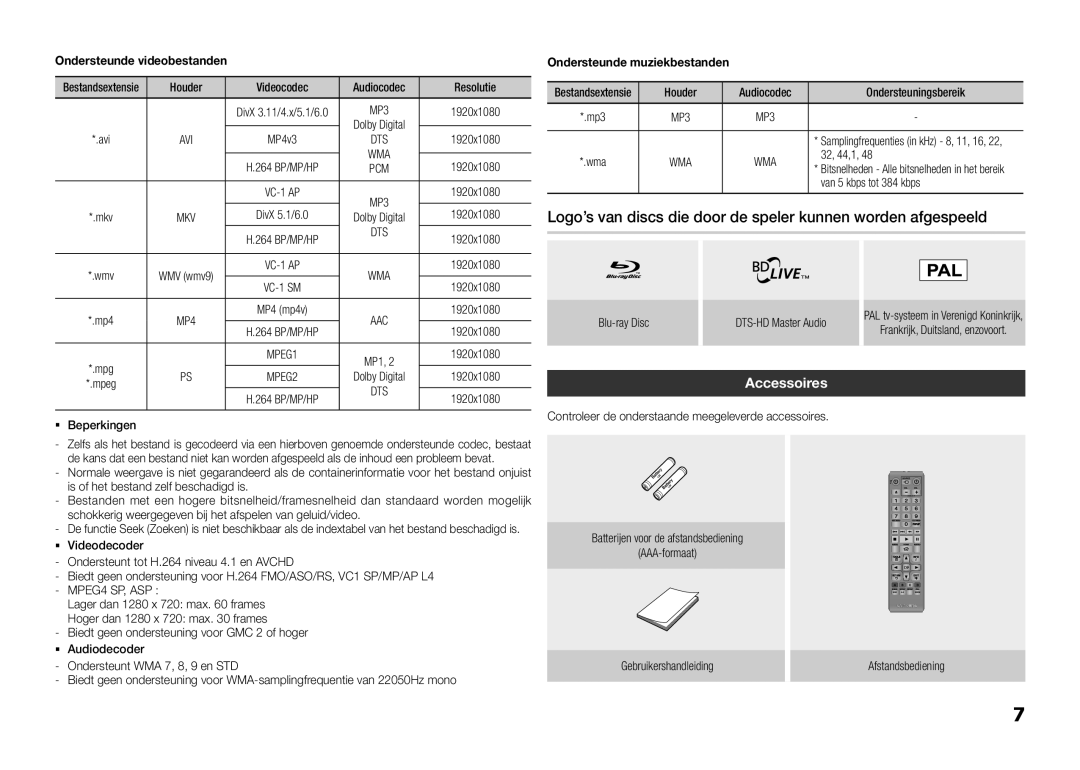 Samsung BD-E5300/XN Dts, ƒƒ Beperkingen, Ondersteuningsbereik, Van 5 kbps tot 384 kbps, Blu-ray Disc DTS-HD Master Audio 