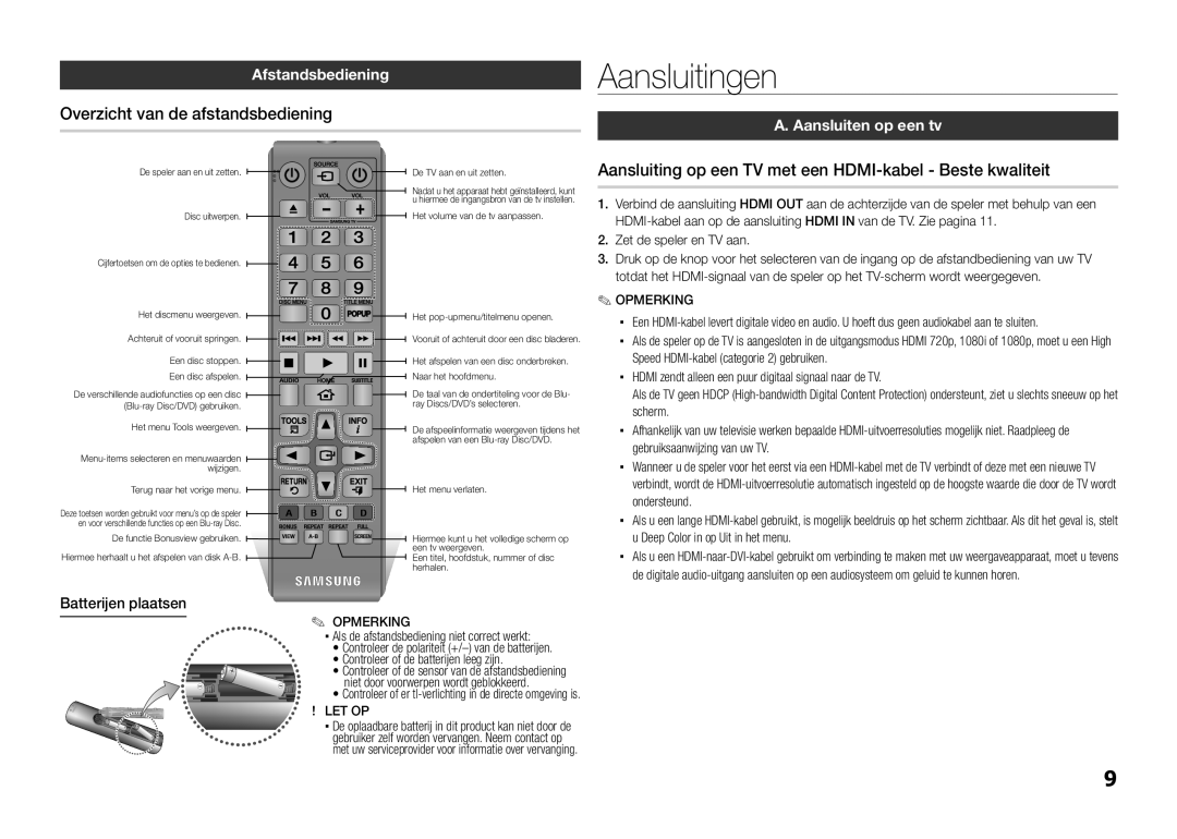 Samsung BD-E5300/ZF manual Aansluitingen, Overzicht van de afstandsbediening, Afstandsbediening, Aansluiten op een tv 