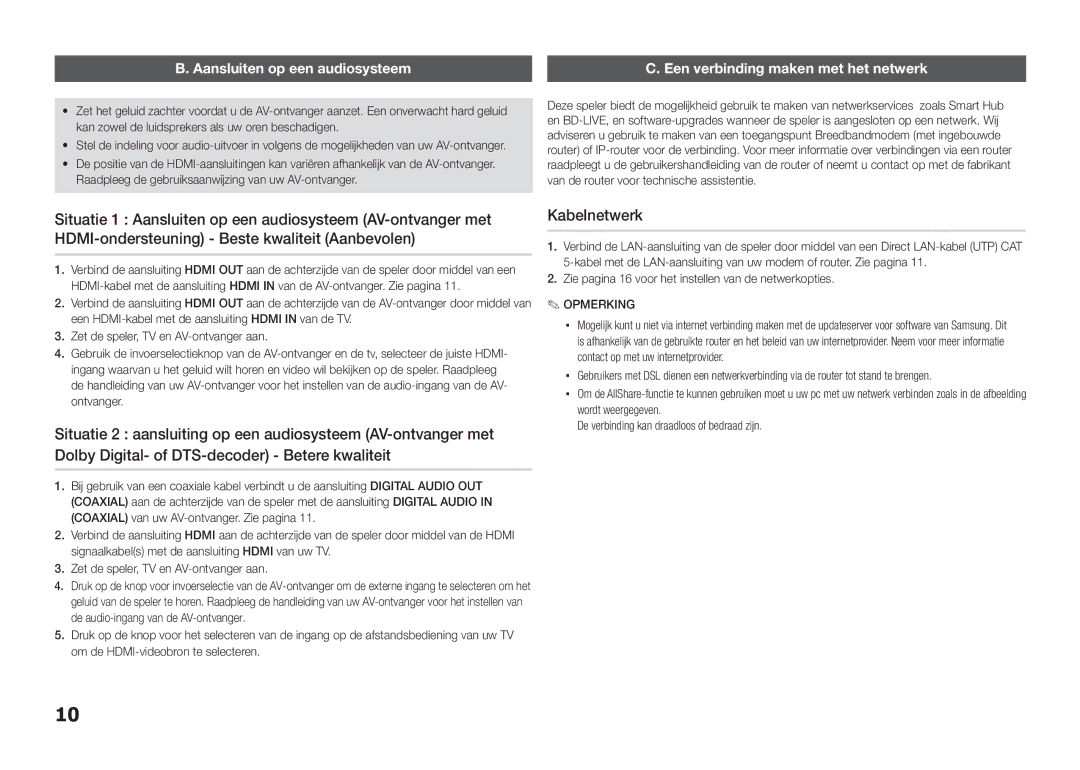 Samsung BD-E5300/XE, BD-E5300/TK manual Kabelnetwerk, Aansluiten op een audiosysteem, Een verbinding maken met het netwerk 