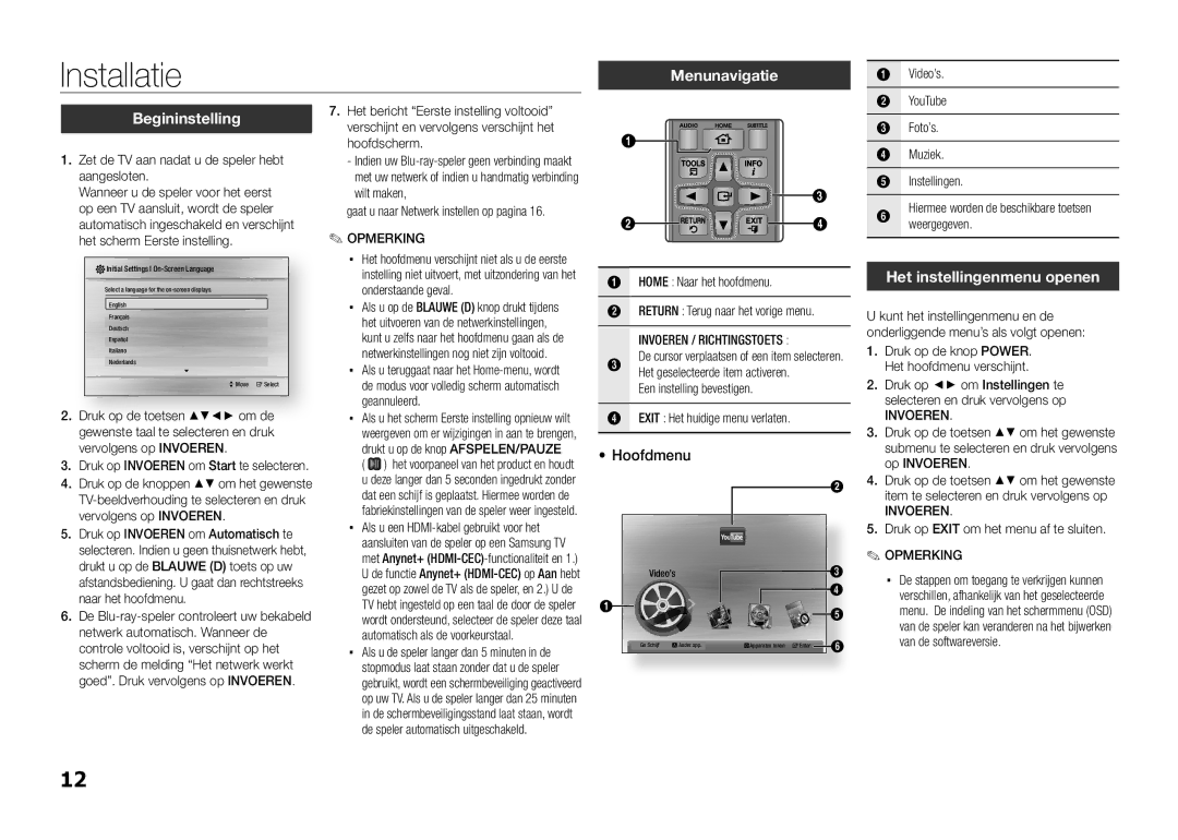 Samsung BD-E5300/XN, BD-E5300/TK manual Installatie, Menunavigatie, Begininstelling, Hoofdmenu, Het instellingenmenu openen 