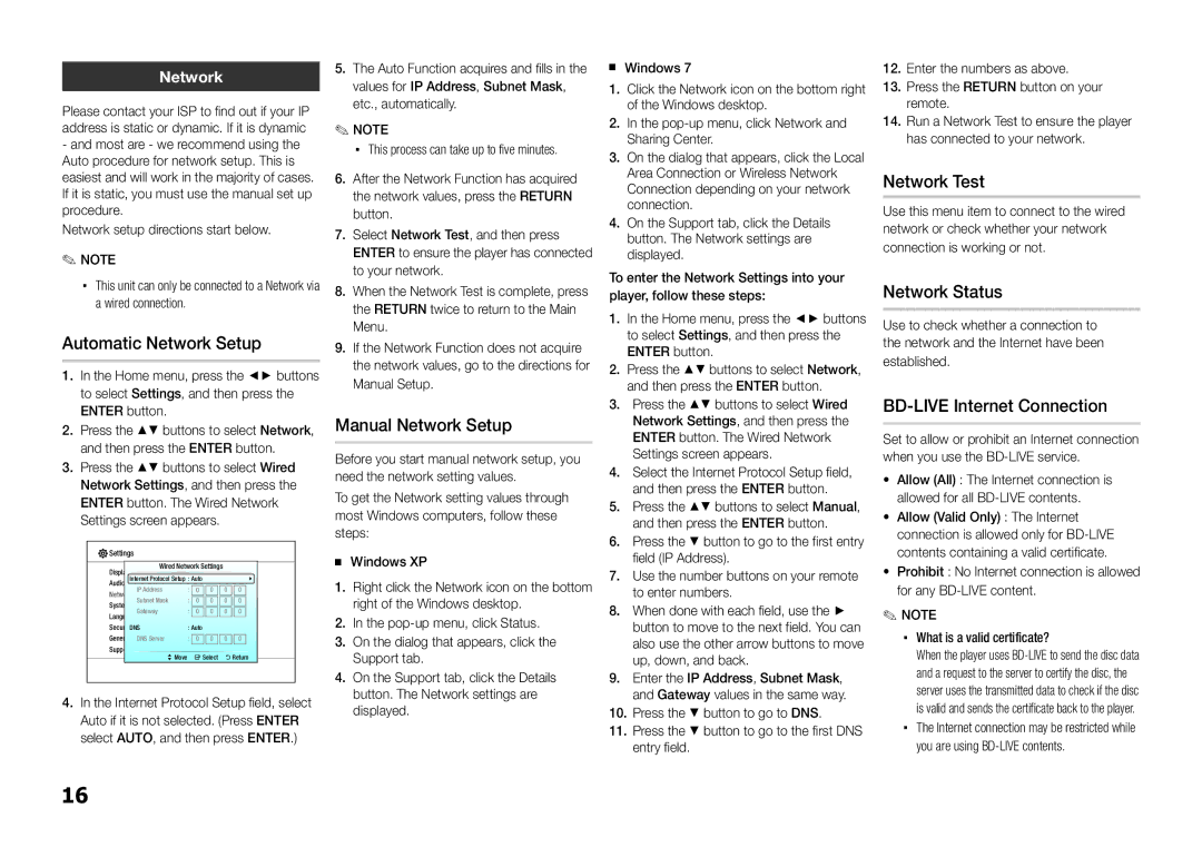 Samsung BD-E5300/TK, BD-E5300/XN, BD-E5300/EN Automatic Network Setup, Manual Network Setup, Network Test, Network Status 