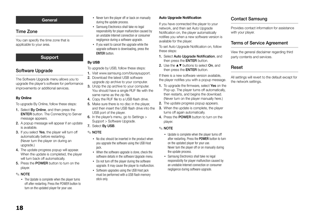 Samsung BD-E5300/EN, BD-E5300/TK manual Time Zone, Software Upgrade, Contact Samsung, Terms of Service Agreement, Reset 