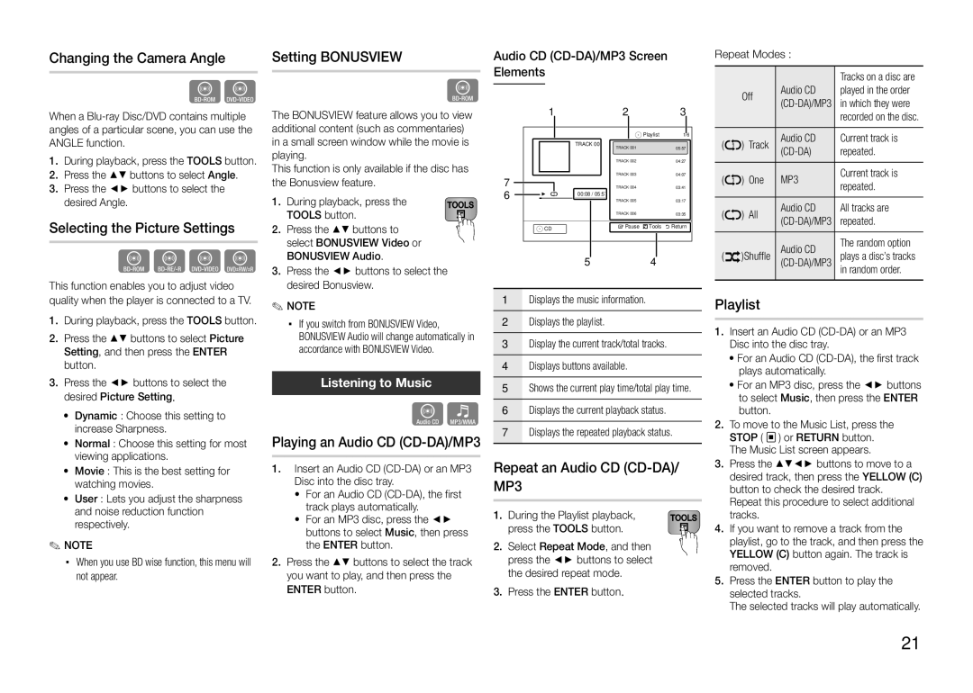 Samsung BD-E5300/XS, BD-E5300/TK Changing the Camera Angle, Selecting the Picture Settings, Setting Bonusview, Playlist 