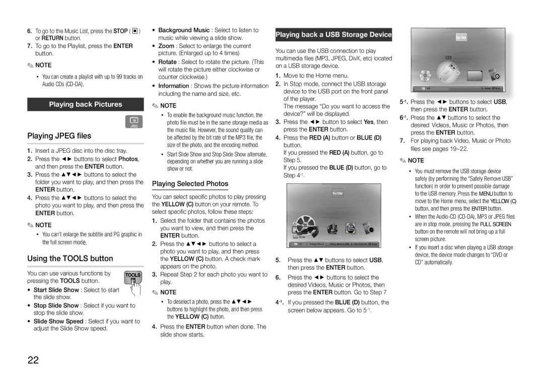 Samsung BD-E5300/SJ Playing Jpeg files, Using the Tools button, Playing back Pictures, Playing back a USB Storage Device 