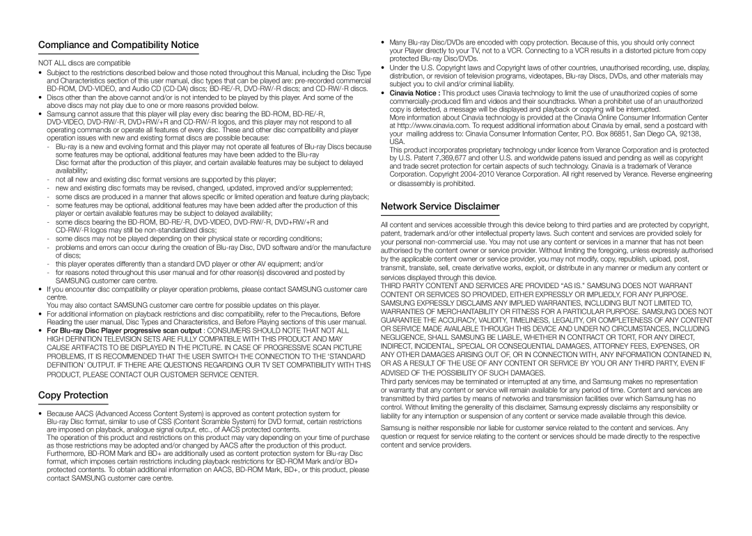 Samsung BD-E5300/EN, BD-E5300/TK manual Compliance and Compatibility Notice, Copy Protection, Network Service Disclaimer 