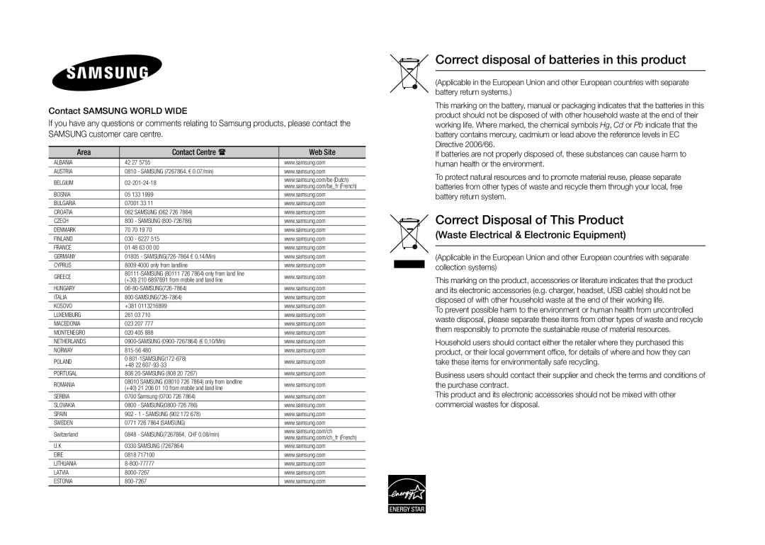 Samsung BD-E5300/ZN, BD-E5300/TK, BD-E5300/XN, BD-E5300/EN, BD-E5300/ZF, BD-E5300/XS Waste Electrical & Electronic Equipment 