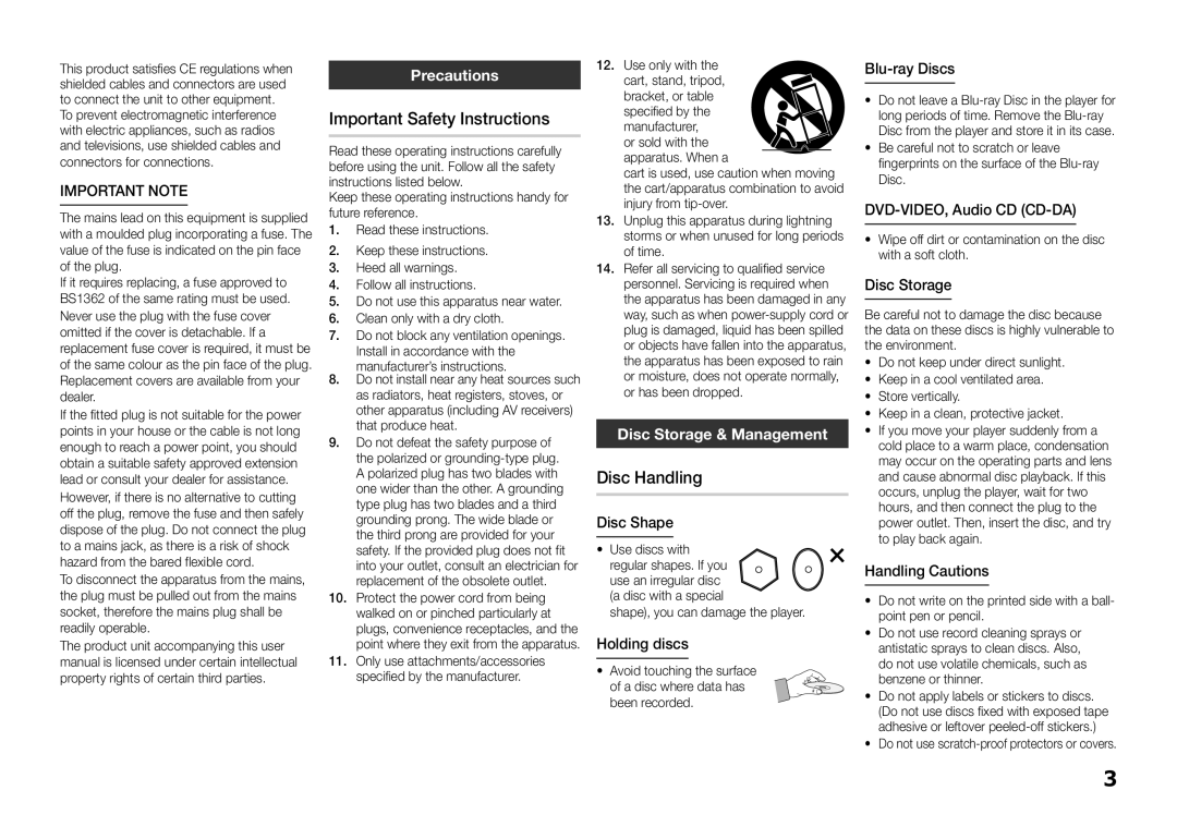 Samsung BD-E5300/ZF Important Safety Instructions, Disc Handling, Important Note, Precautions, Disc Storage & Management 