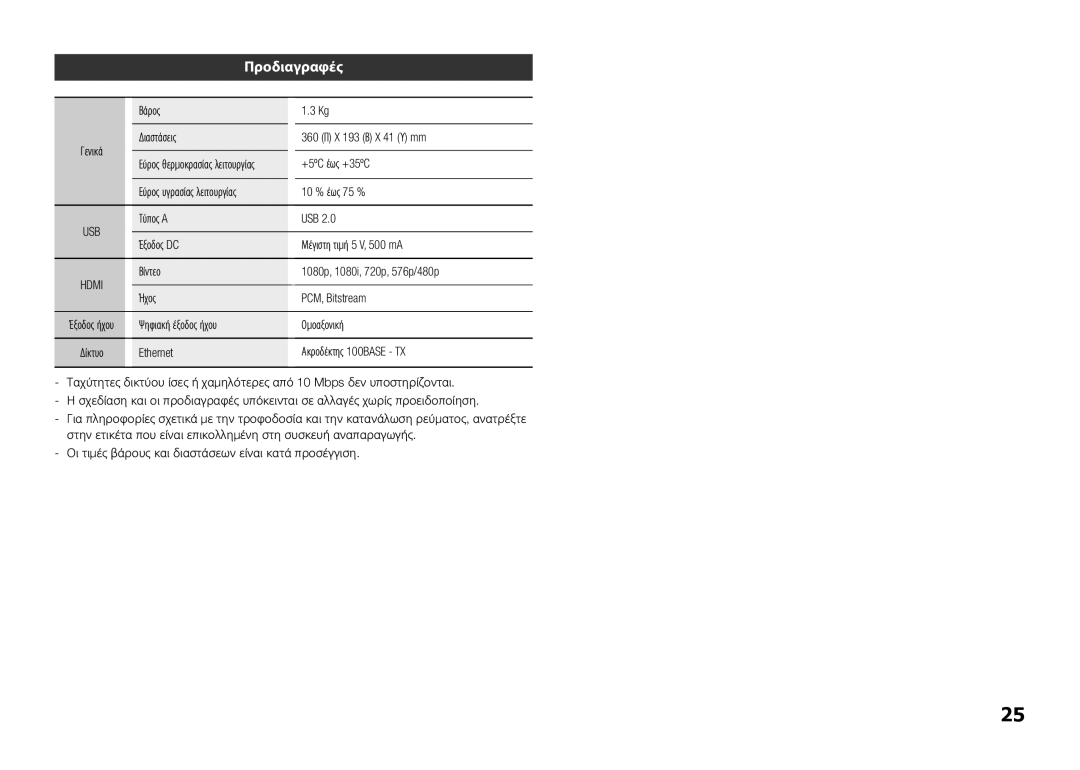 Samsung BD-E5300/XS, BD-E5300/TK, BD-E5300/XN, BD-E5300/EN, BD-E5300/ZF, BD-E5300/ZN, BD-E5300/SJ, BD-E5300/XE manual Προδιαγραφές 