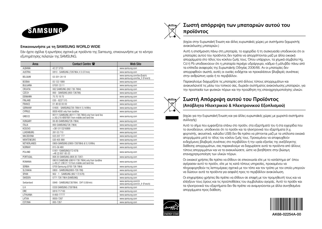 Samsung BD-E5300/TK, BD-E5300/XN, BD-E5300/EN, BD-E5300/ZF Σωστή απόρριψη των μπαταριών αυτού του προϊόντος, AK68-02254A-00 