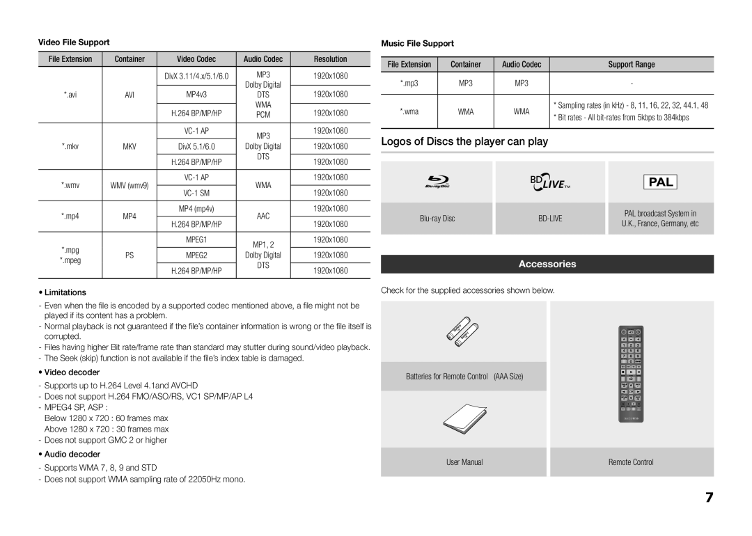 Samsung BD-E5300/XE, BD-E5300/TK, BD-E5300/XN Logos of Discs the player can play, Accessories, Mkv, MPEG4 SP, ASP, Bd-Live 