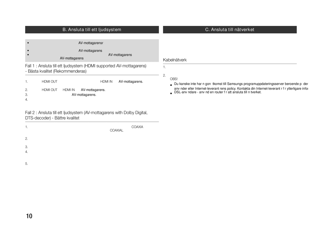 Samsung BD-E5300/XE manual Ansluta till ett ljudsystem Ansluta till nätverket, Kabelnätverk 